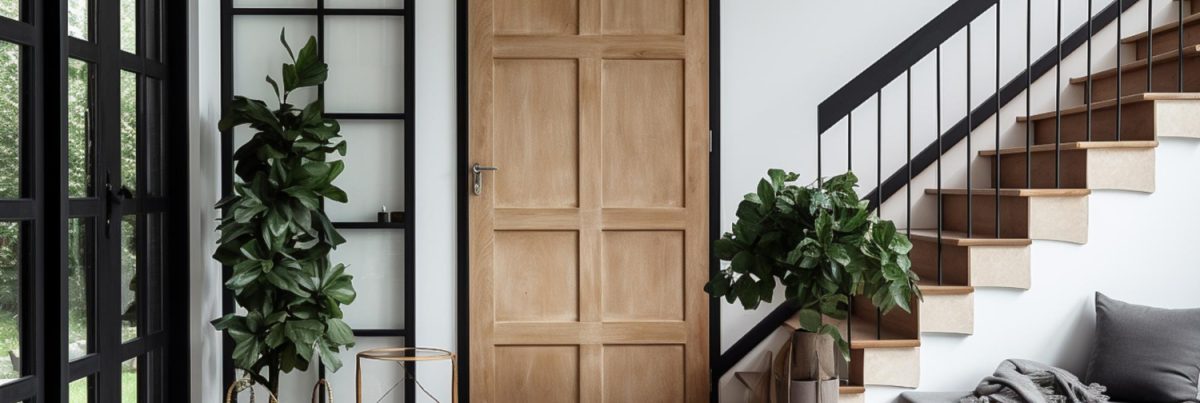 La porte de la maison est en bois et est fermée