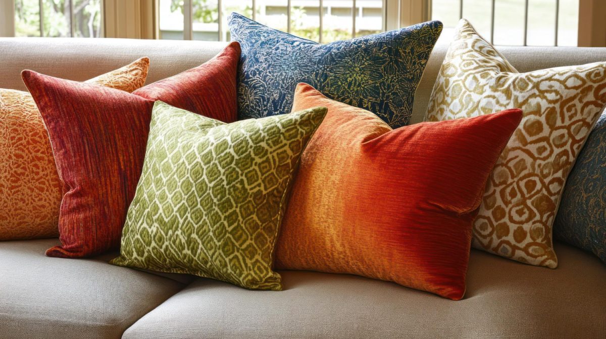 Des coussins colorés sur le canapé à l'intérieur de la maison