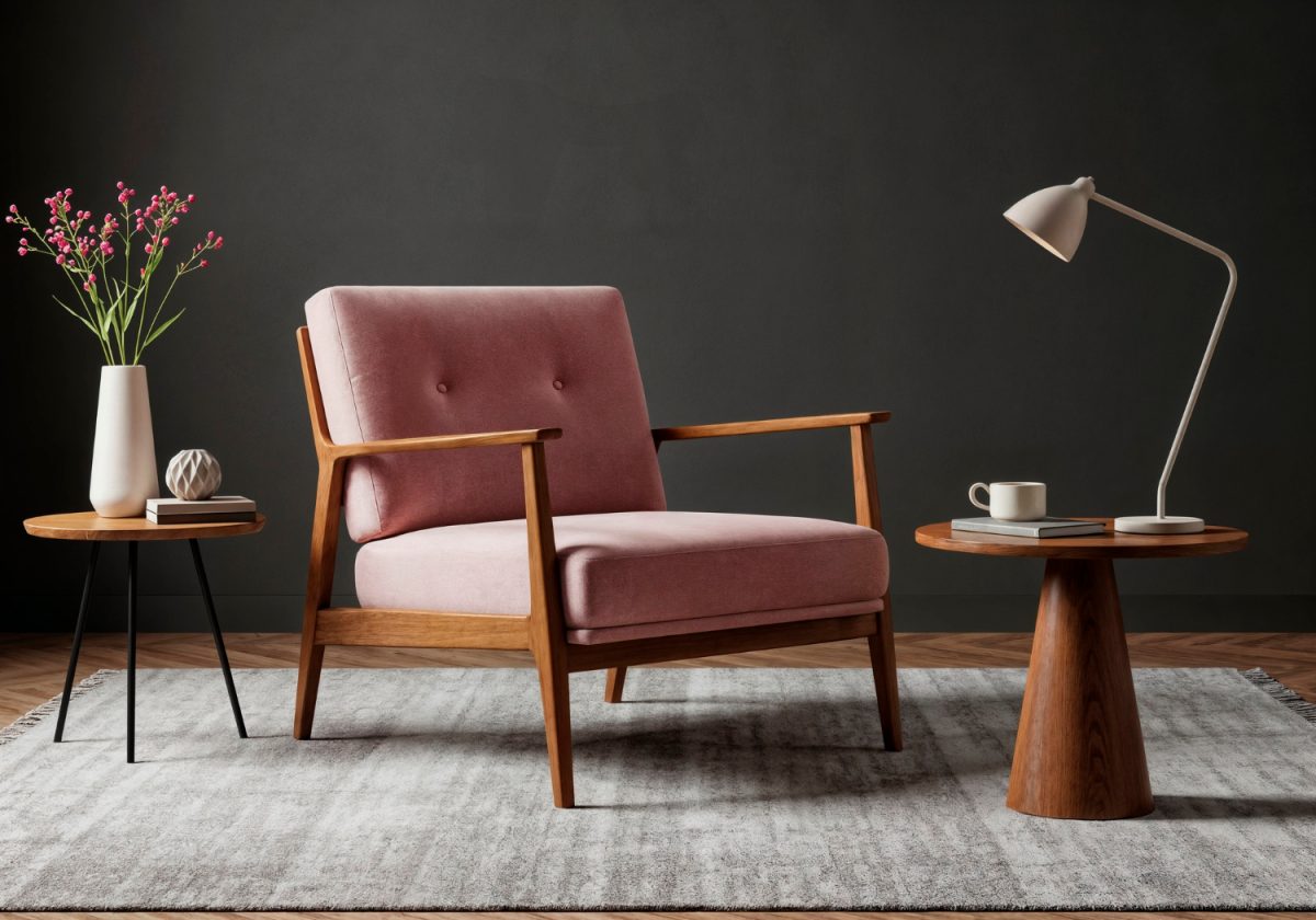 Un fauteuil rose dans un salon moderne sombre