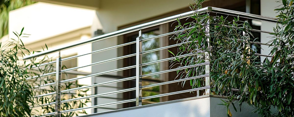 Une balustrade en métal avec une plante dessus protège une terrasse extérieure. 